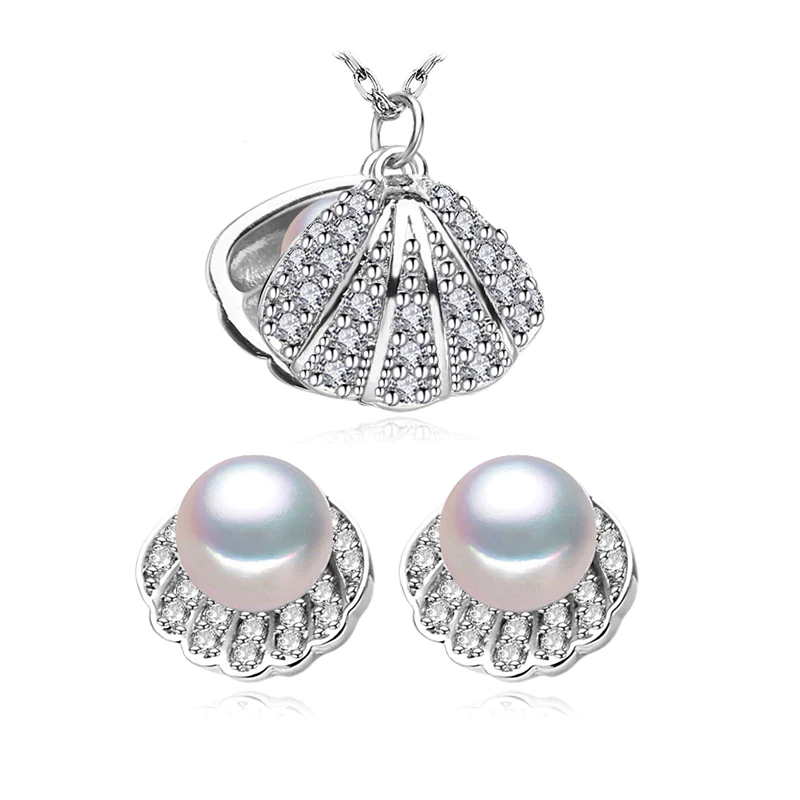 Picture of Majesty Diamonds MDS210077 Round White Freshwater Pearl Stud Clam Shell Earrings & Pendant Set in 0.925 White Sterling Silver
