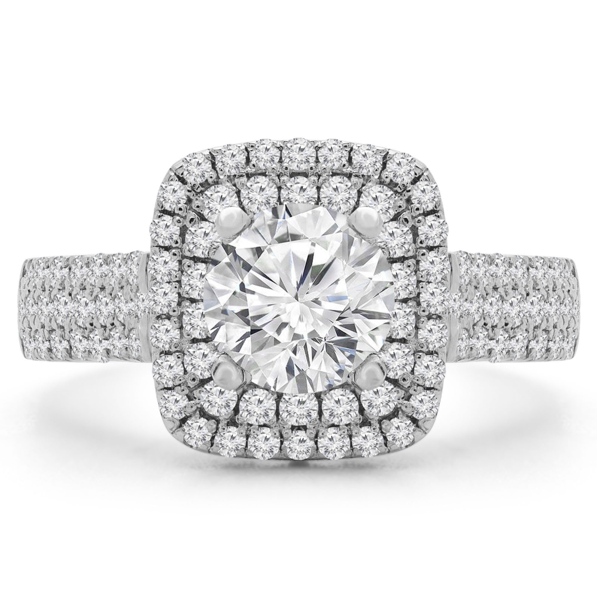 1.75 CTW Round Diamond Three-Row Double Cushion Halo Engagement Ring in 14K White Gold - Size 4