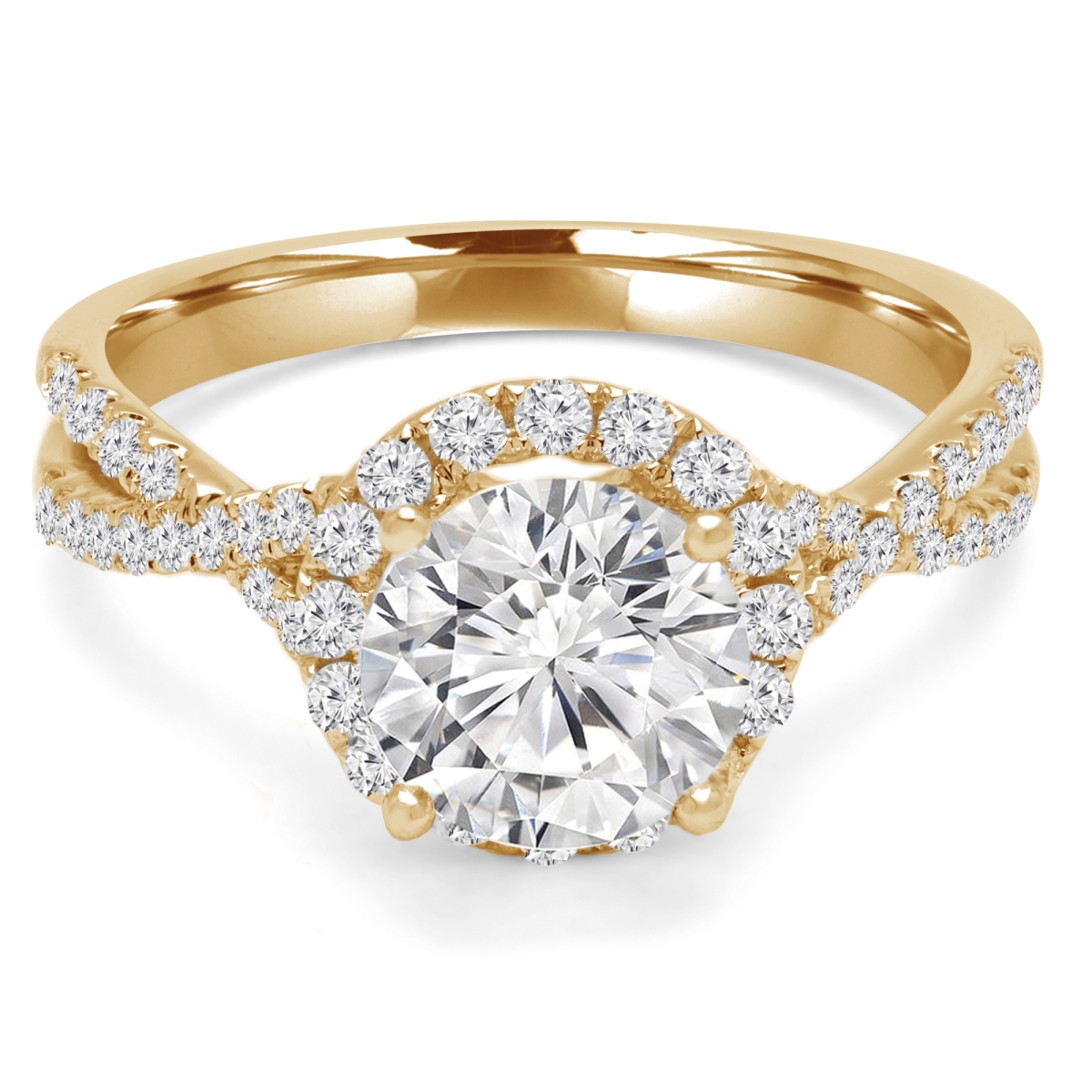 1.4 CTW Round Diamond Twisted Halo Engagement Ring in 14K Yellow Gold - Size 4