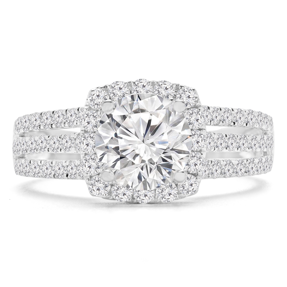 1.75 CTW Round Diamond Three-Row Split-Shank Cushion Halo Engagement Ring with Accents in 14K White Gold - Size 3.5