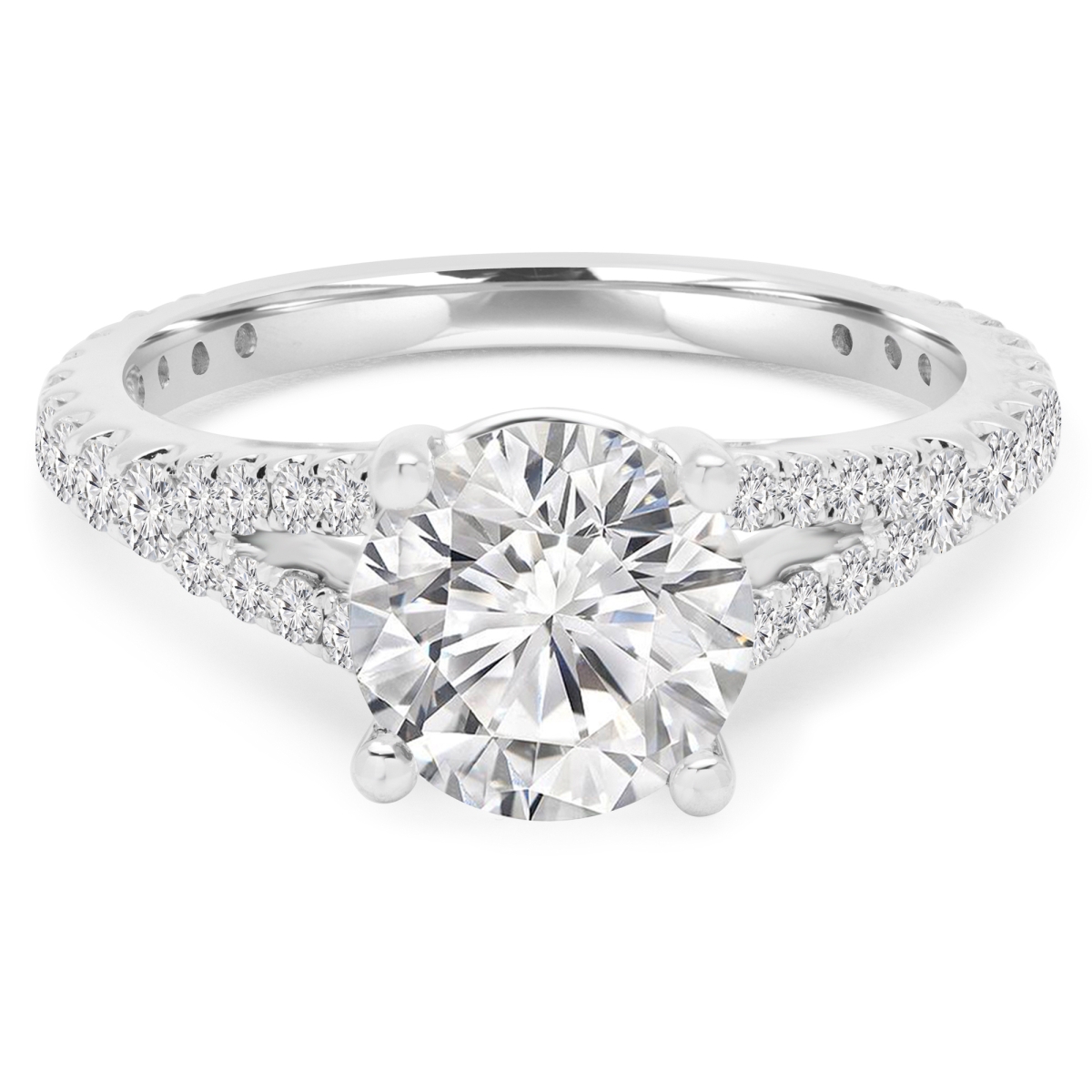 MD210307-7 2.1 CTW Round Diamond Split Shank Solitaire Engagement Ring with Accents in 14K White Gold - Size 7
