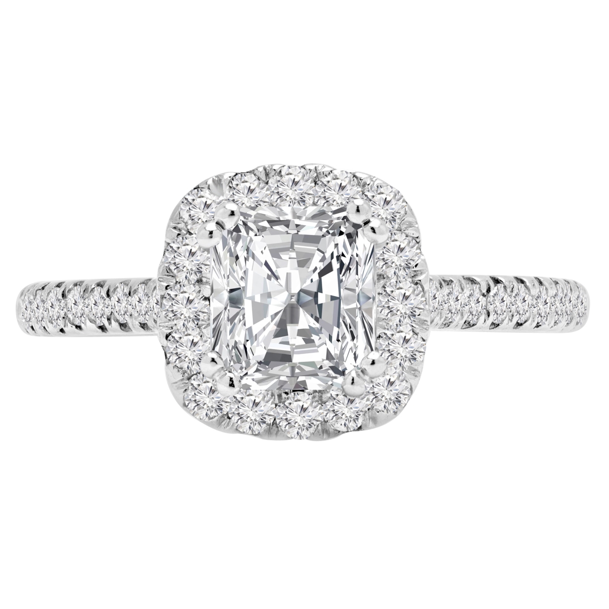 MD210346-7 1 CTW Radiant Diamond Cathedral Cushion Halo Engagement Ring in 14K White Gold - Size 7