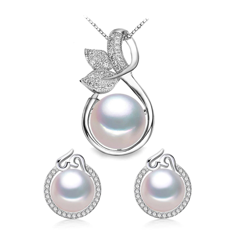 Picture of Majesty Diamonds MDS210086 Round White Freshwater Pearl Stud Leaf Earrings & Pendant Set in 0.925 White Sterling Silver