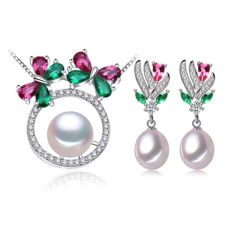 Picture of Majesty Diamonds MDS210089 Multi White Freshwater Pearl Drop&#44; Dangle Floral Earrings & Pendant Set in 0.925 White Sterling Silver