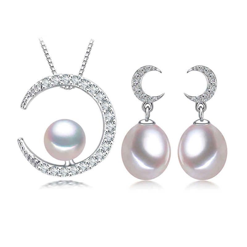 Picture of Majesty Diamonds MDS210090 Multi White Freshwater Pearl Drop&#44; Dangle Crescent Moon Earrings & Pendant Set in 0.925 White Sterling Silver