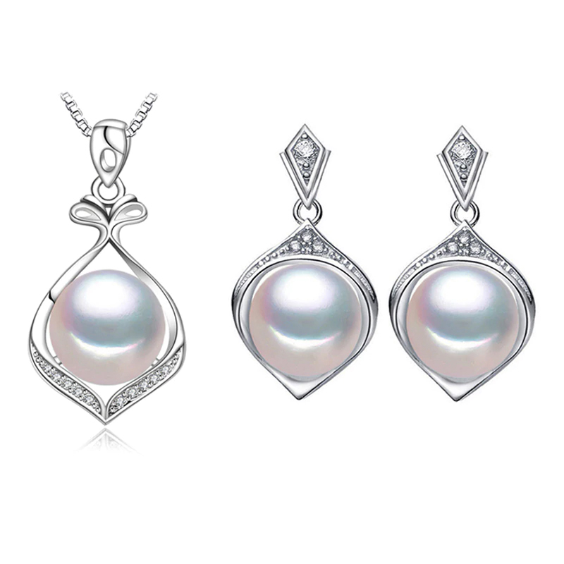 Picture of Majesty Diamonds MDS210092 Round White Freshwater Pearl Drop&#44; Dangle Earrings & Pendant Set in 0.925 White Sterling Silver