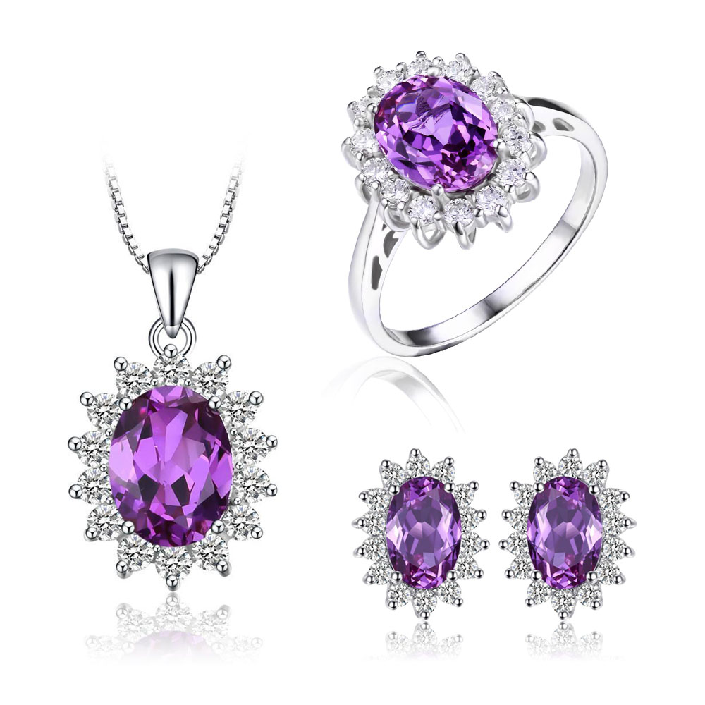 Picture of Majesty Diamonds MDS210095 7.6 CTW Oval Purple Alexandrite Sapphire Halo Stud Earrings & Ring in 0.925 White Sterling Silver - Size 7