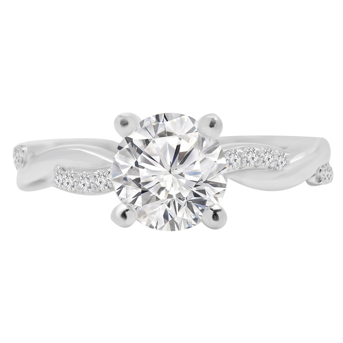 MD210308-6.5 1.14 CTW Round Diamond Twisted Solitaire Engagement Ring with Accents in 14K White Gold - Size 6.5