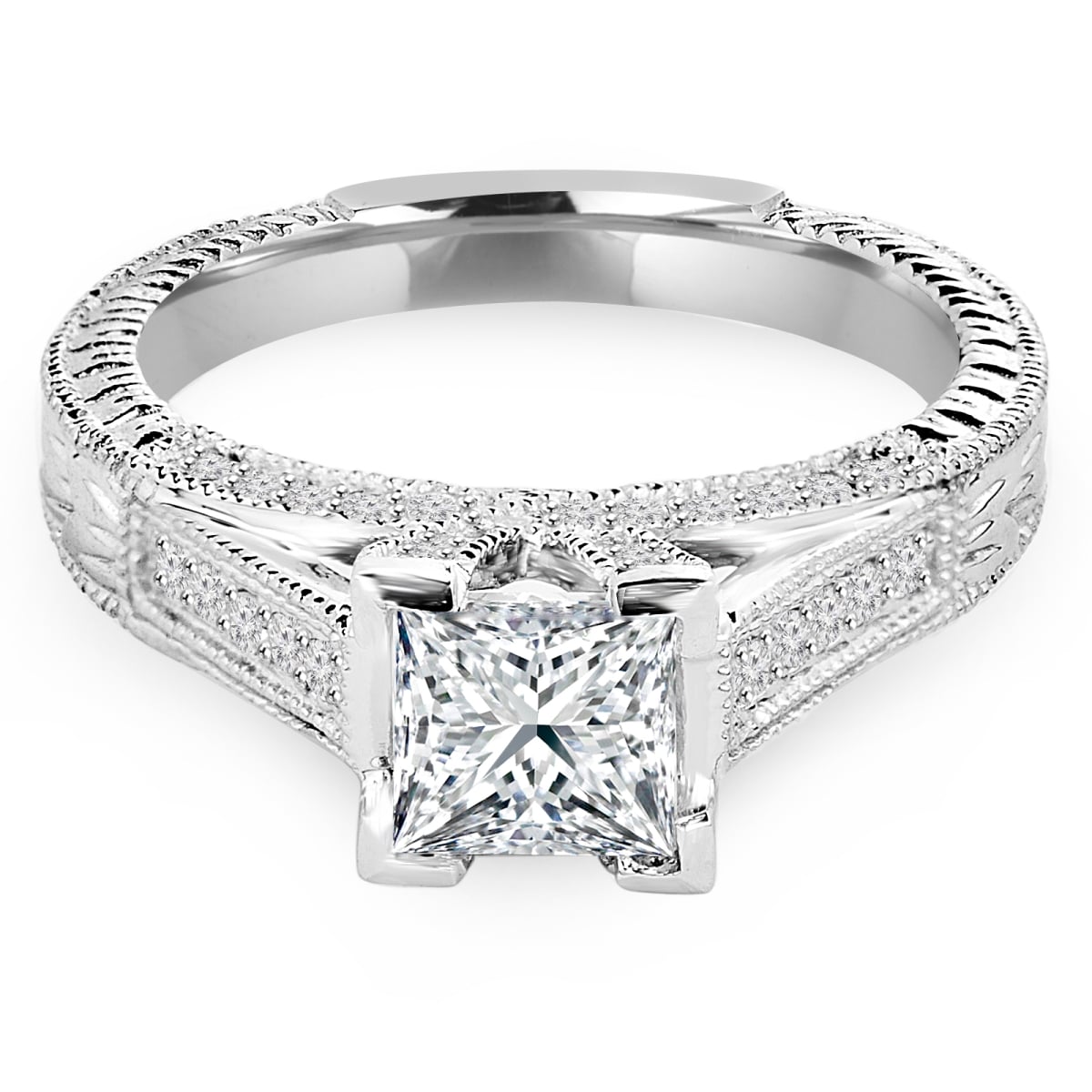 MD210317-7 0.88 CTW Princess Diamond Vintage Cathedral Solitaire Engagement Ring with Accents in 14K White Gold - Size 7