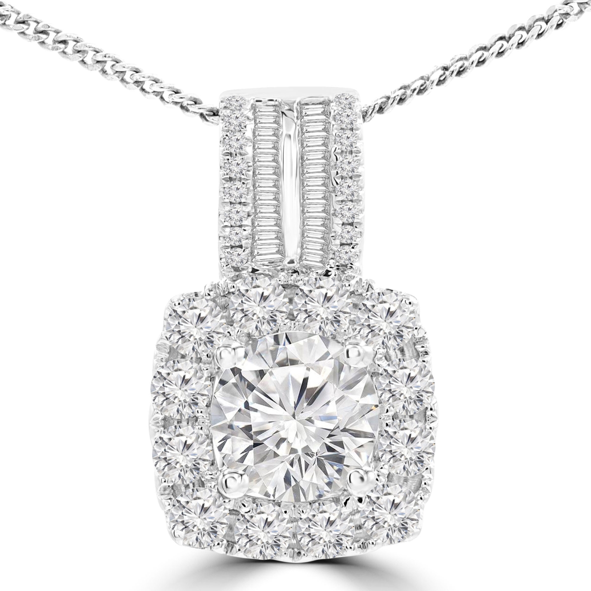 MD210052 1.4 CTW Round Diamond Cushion Halo Pendant Necklace in 18K White Gold