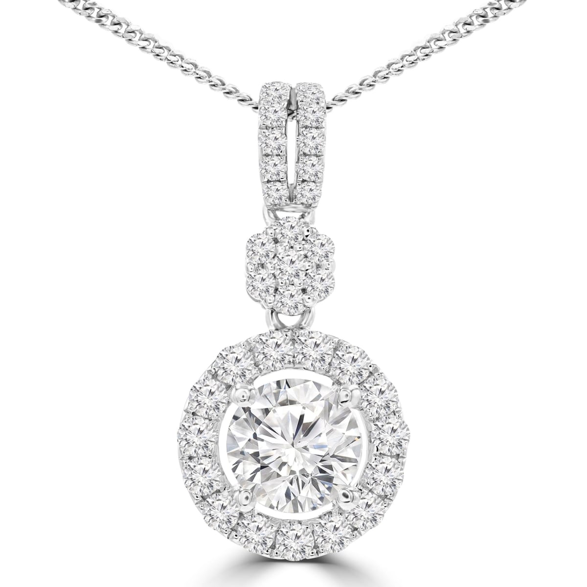 MD210053 1.6 CTW Round Diamond Halo Pendant Necklace in 18K White Gold