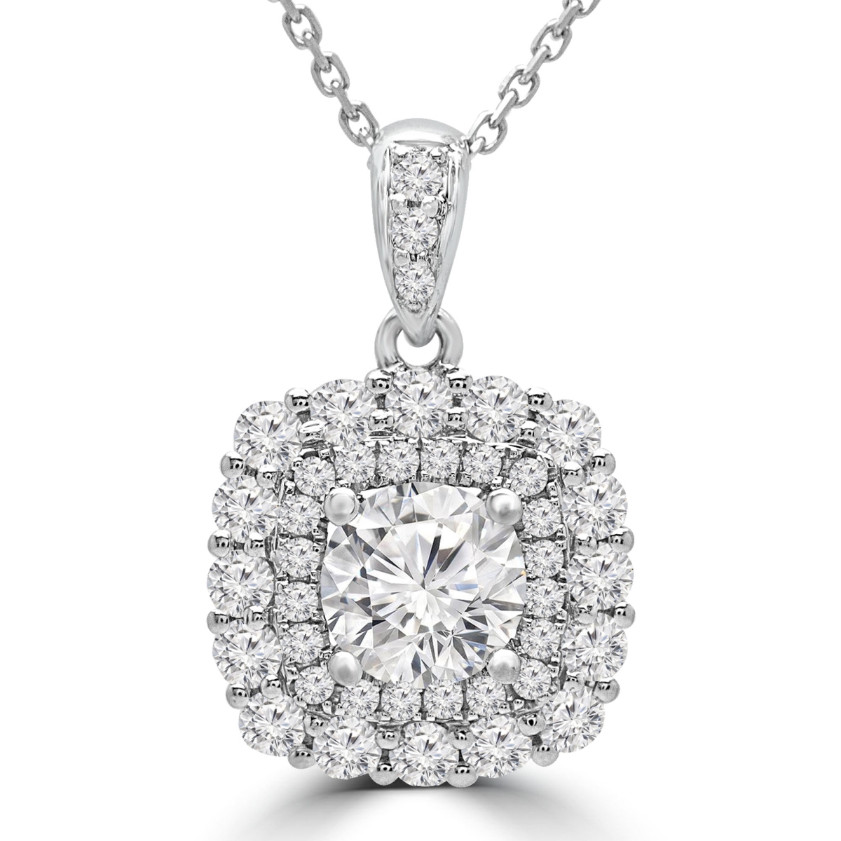 2 CTW Round Diamond Double Cushion Halo Pendant Necklace in 18K White Gold