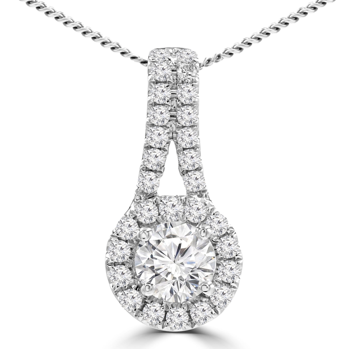 MD210056 1.1 CTW Round Diamond V-Bale Halo Pendant Necklace in 18K White Gold