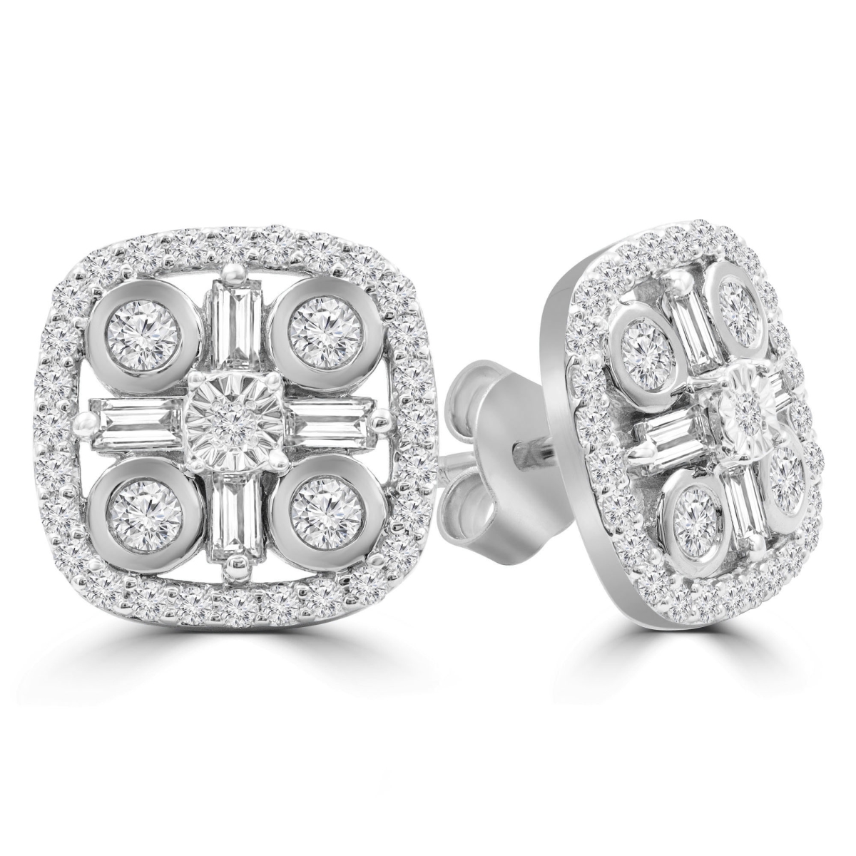 0.9 CTW Round Diamond Cushion Halo Stud Earrings in 14K White Gold