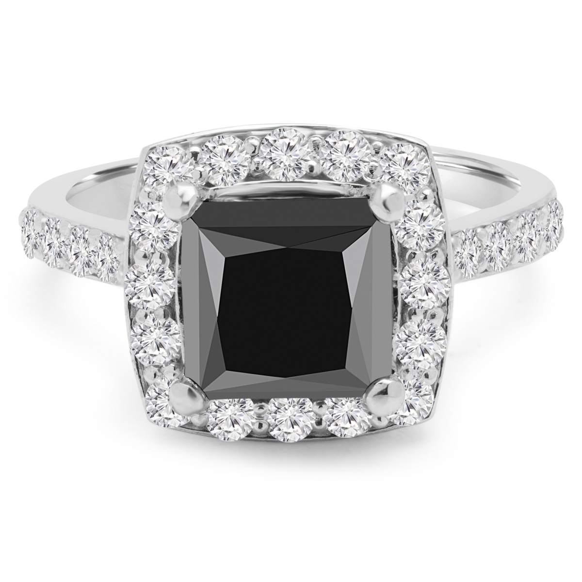 MD210291-6.5 3.6 CTW Princess Black Diamond Cathedral Cushion Halo Engagement Ring with Accents in 14K White Gold - Size 6.5