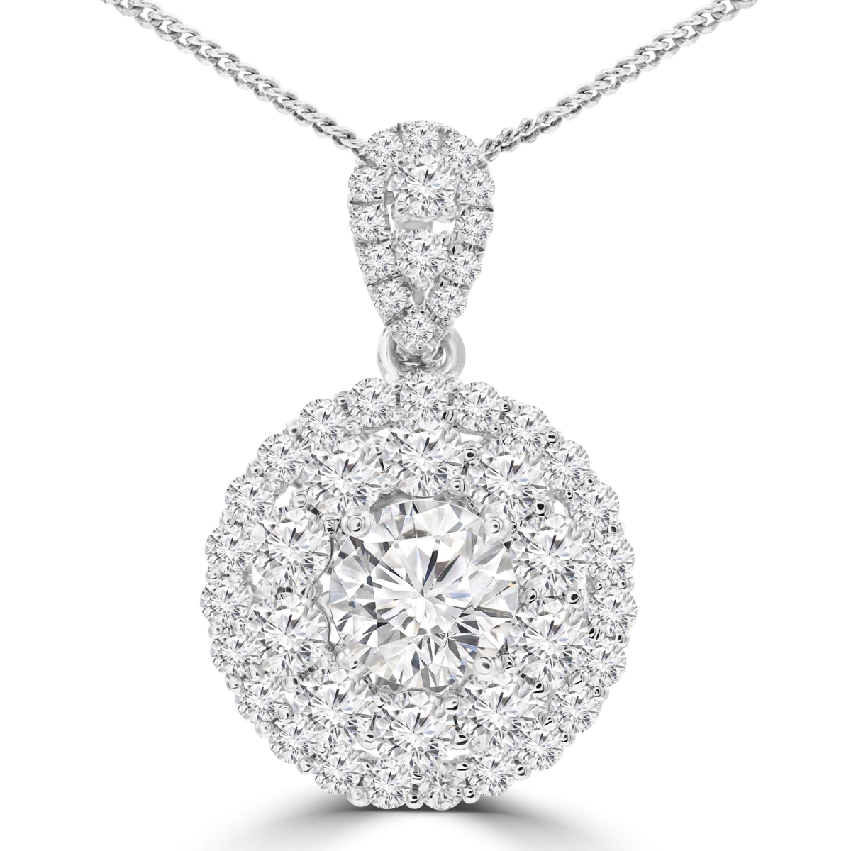 MD210058 2.4 CTW Round Diamond Double Halo Pendant Necklace in 18K White Gold