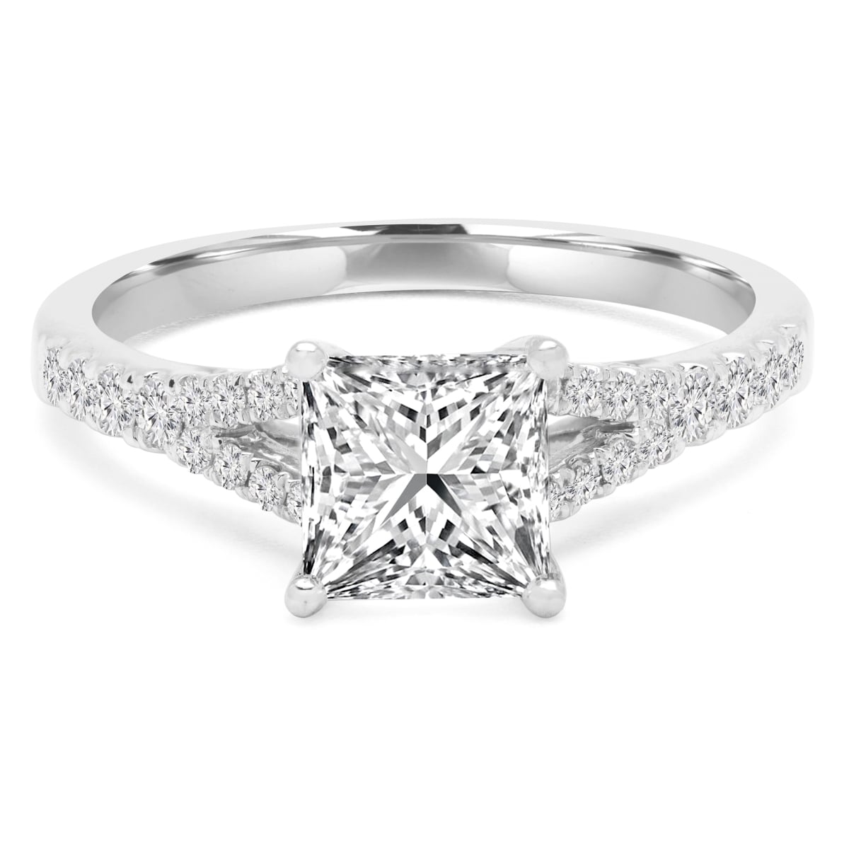 1 CTW Princess Diamond Split-Shank 4-Prong Solitaire Engagement Ring with Accents in 14K White Gold - Size 7