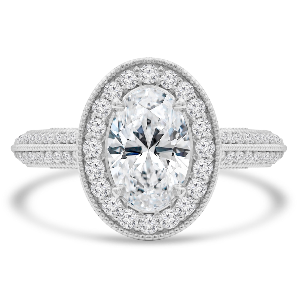 MD210357-4.5 1.4 CTW Oval Diamond Vintage Two-Row Oval Halo Engagement Ring with Accents in 14K White Gold - Size 4.5