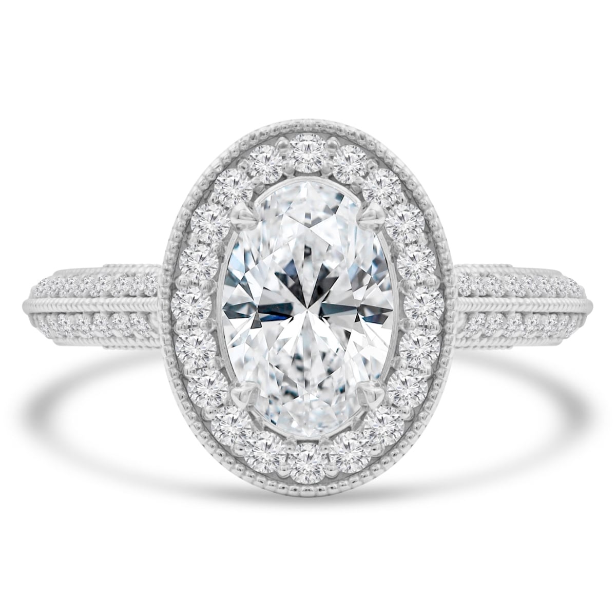 1.4 CTW Oval Diamond Vintage Two-Row Oval Halo Engagement Ring with Accents in 14K White Gold - Size 5.5
