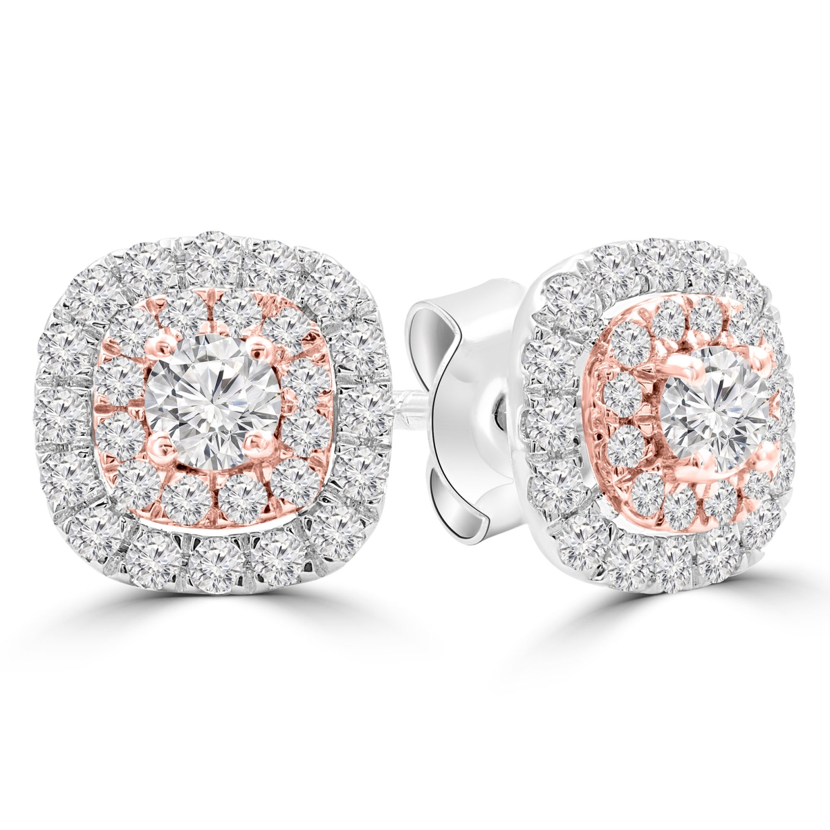 0.63 CTW Round Diamond White & Rose Gold Cluster Double Halo Stud Earrings in 14K Two-Tone Gold