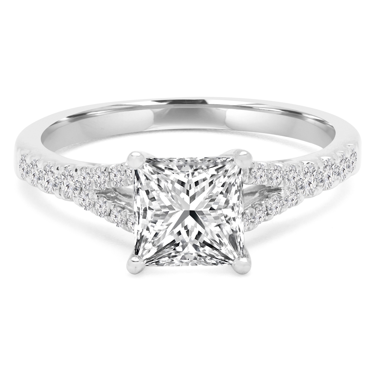 MD210187-4.5 0.88 CTW Princess Diamond Split-Shank Cathedral Solitaire Engagement Ring with Accents in 14K White Gold - Size 4.5