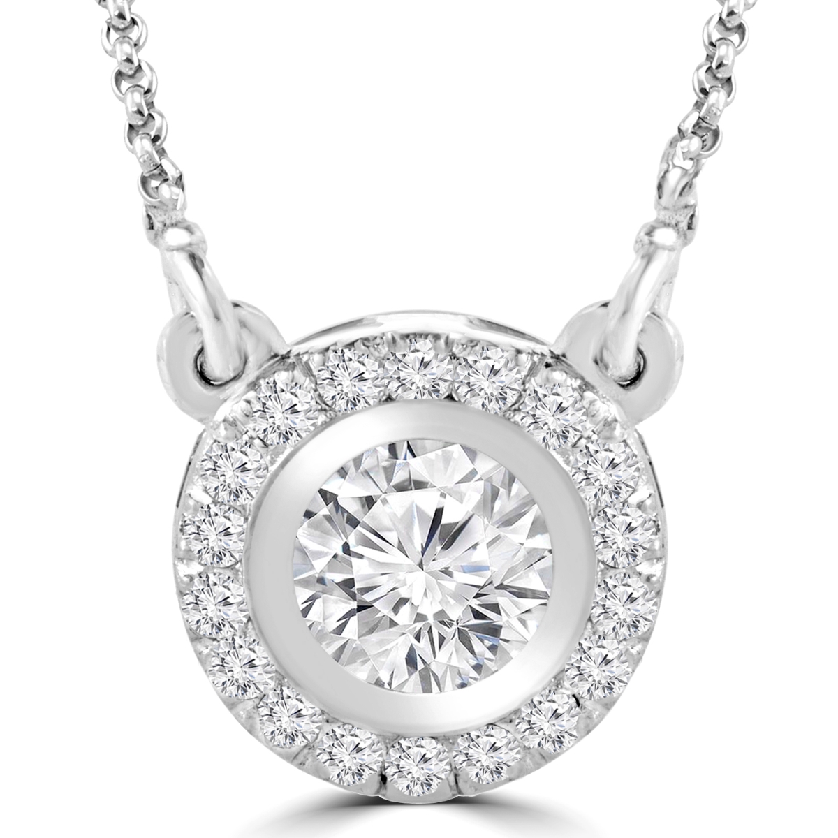 MD210228 0.88 CTW Round Diamond Bezel Set Halo Necklace in 14K White Gold