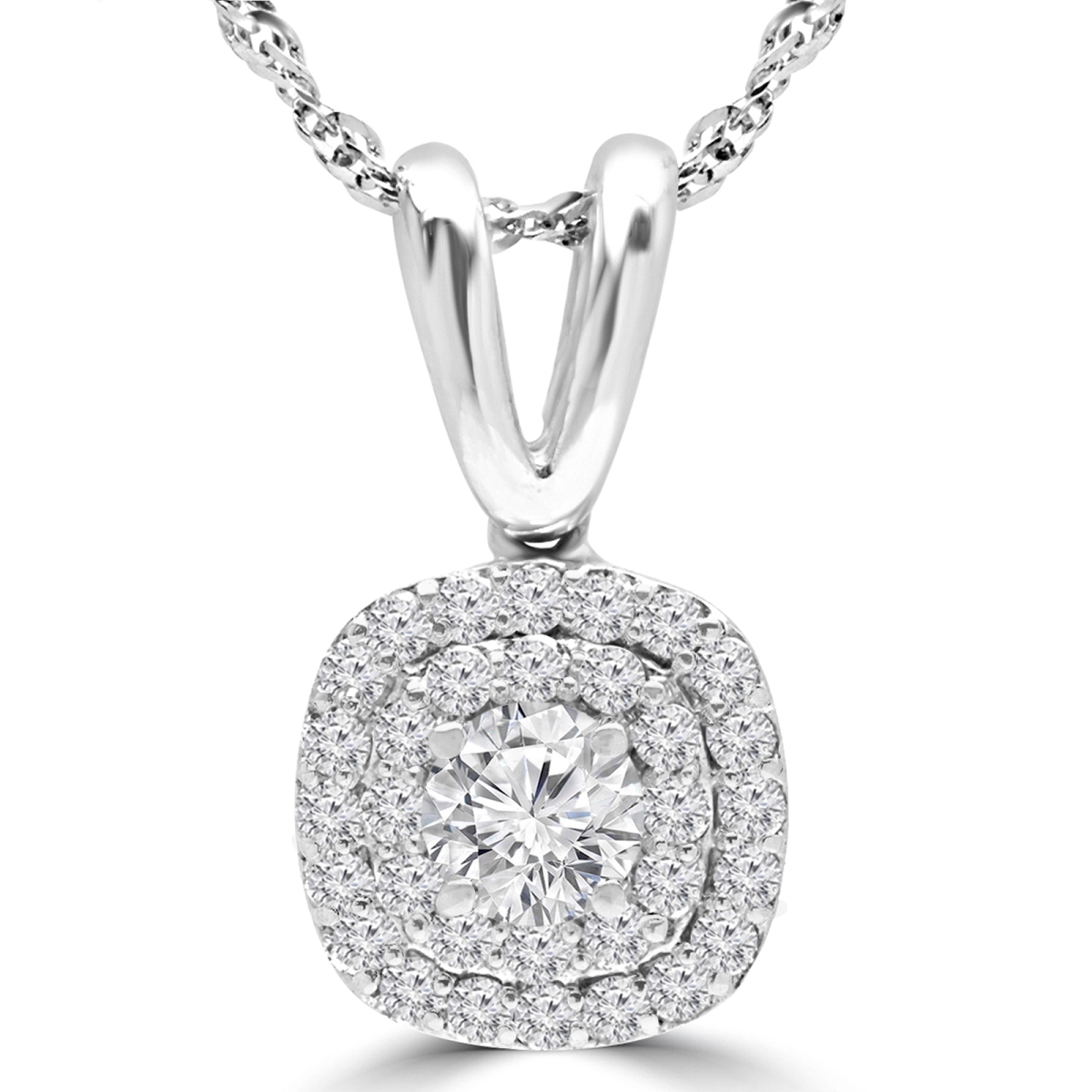 MD210234 0.5 CTW Round Diamond Double Cushion Halo Pendant Necklace in 14K White Gold