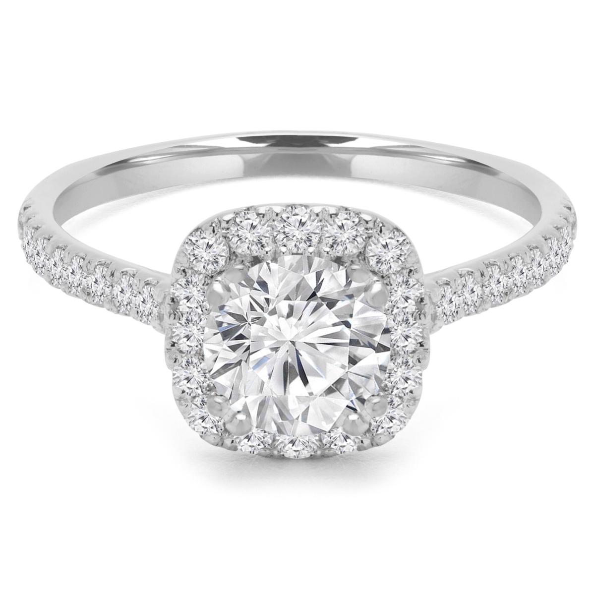MD210358-8.5 0.9 CTW Round Diamond Cathedral Cushion Halo Engagement Ring with Accents in 14K White Gold - Size 8.5