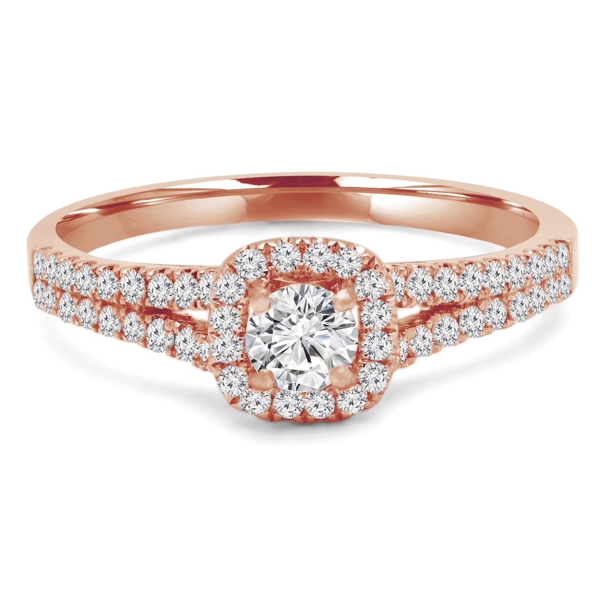 0.66 CTW Round Diamond Split Shank Cushion Halo Engagement Ring in 14K Rose Gold - Size 7