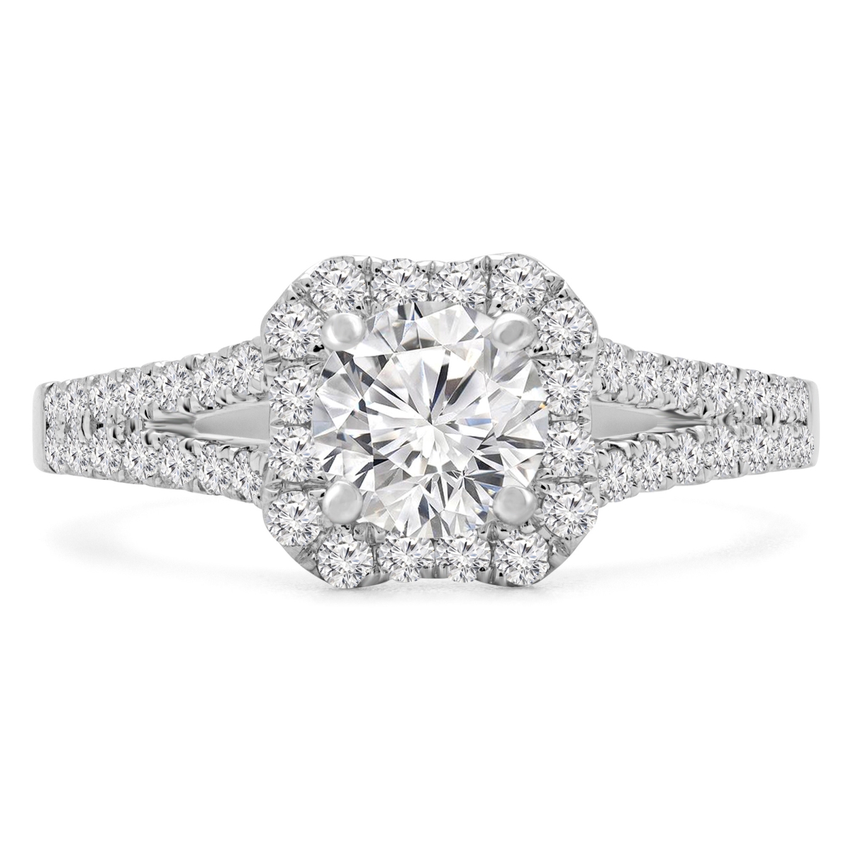 MD210178-8.5 1.16 CTW Round Diamond Split Shank Cushion Halo Engagement Ring with Accents in 18K White Gold - Size 8.5
