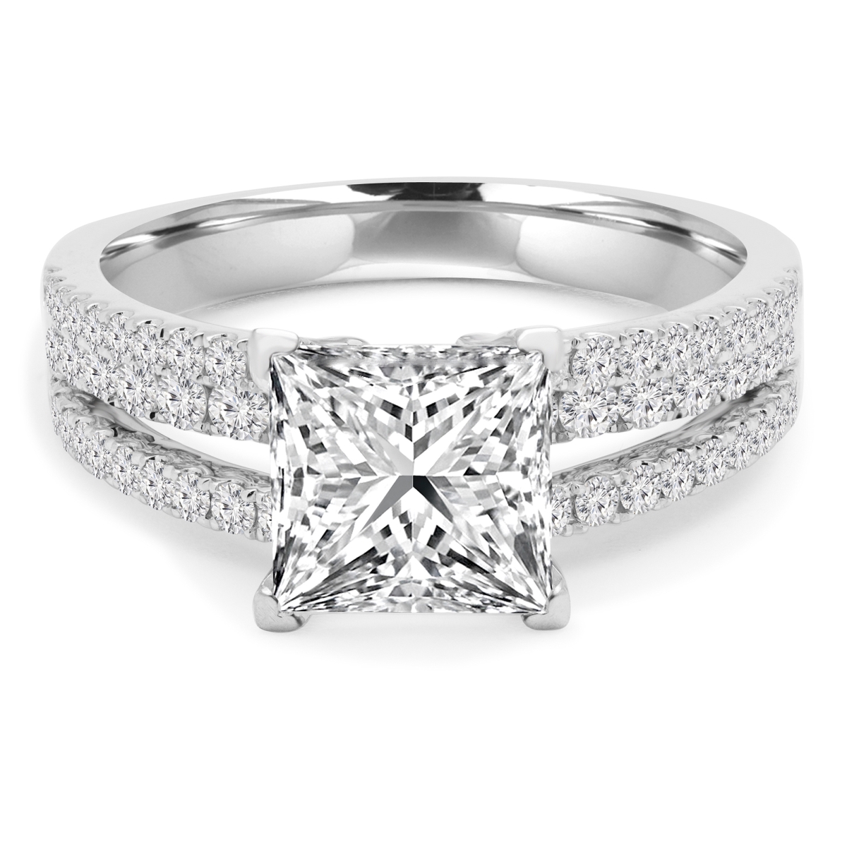 1.6 CTW Princess Diamond Split-Shank Three-Row Solitaire Engagement Ring with Accents in 14K White Gold - Size 8.5