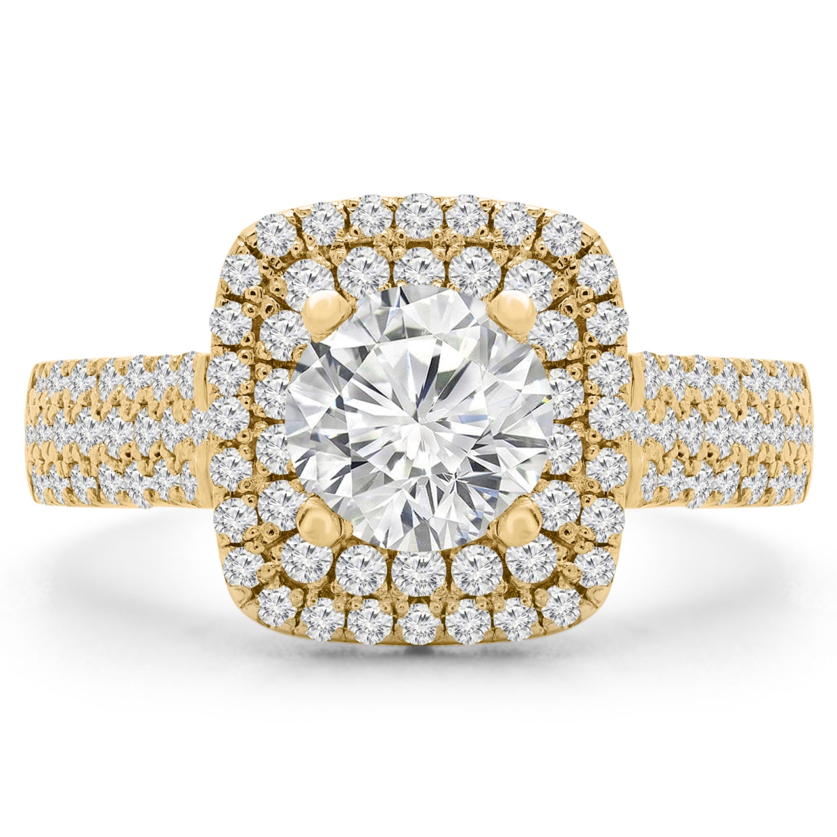MD210352-3 1.75 CTW Round Diamond Three-Row Double Cushion Halo Engagement Ring in 14K Yellow Gold - Size 3