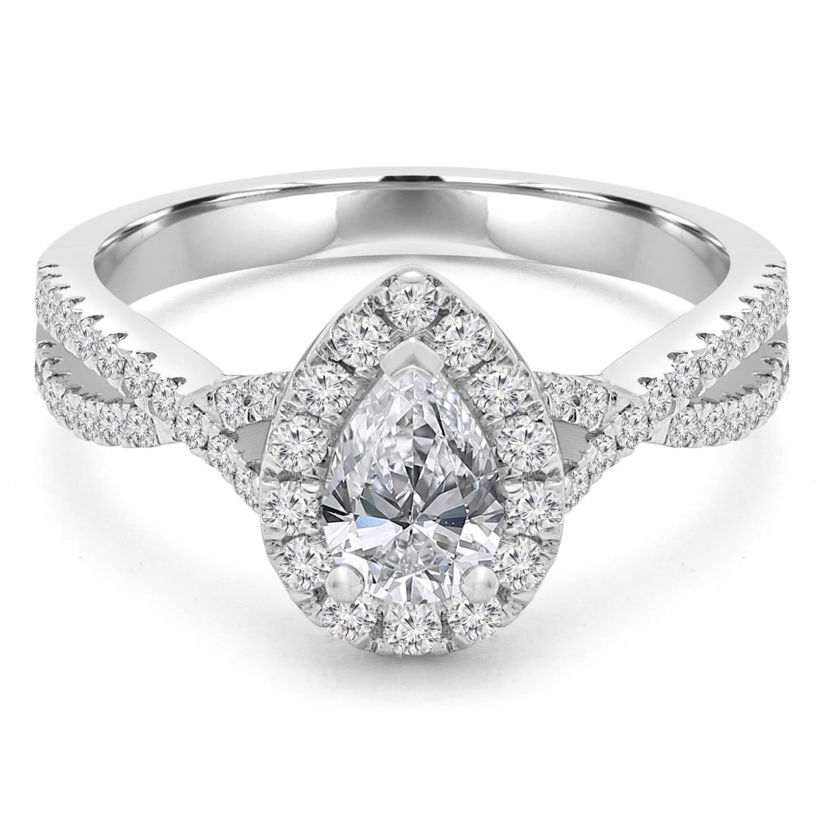 1.4 CTW Pear Diamond 3-Prong Twisted Shank Pear Halo Engagement Ring in 14K White Gold - Size 3.5