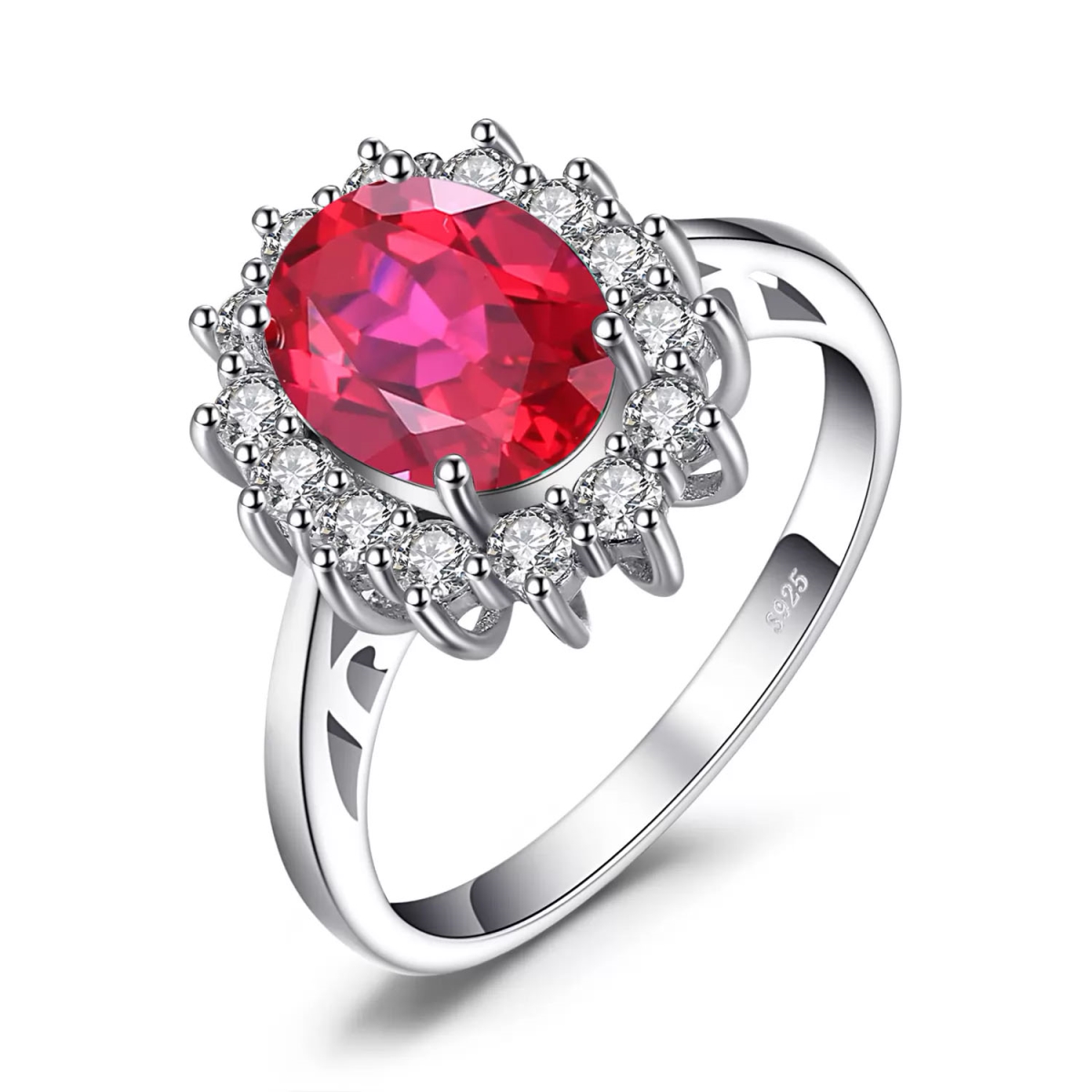 MDS210168 Oval Red Nano Ruby Halo Cocktail Ring in 0.925 White Sterling Silver - Size 6 -  Majesty Diamonds