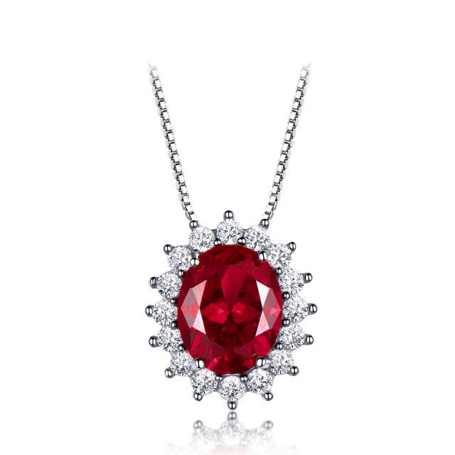 MDS210288 Oval Red Nano Ruby Halo Pendant Necklace with Chain in 0.925 White Sterling Silver -  Majesty Diamonds