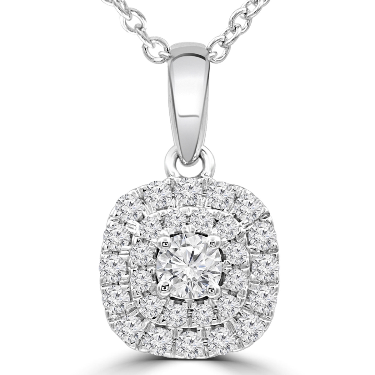 0.33 CTW Round Diamond Double Cushion Halo Pendant Necklace in 14K White Gold