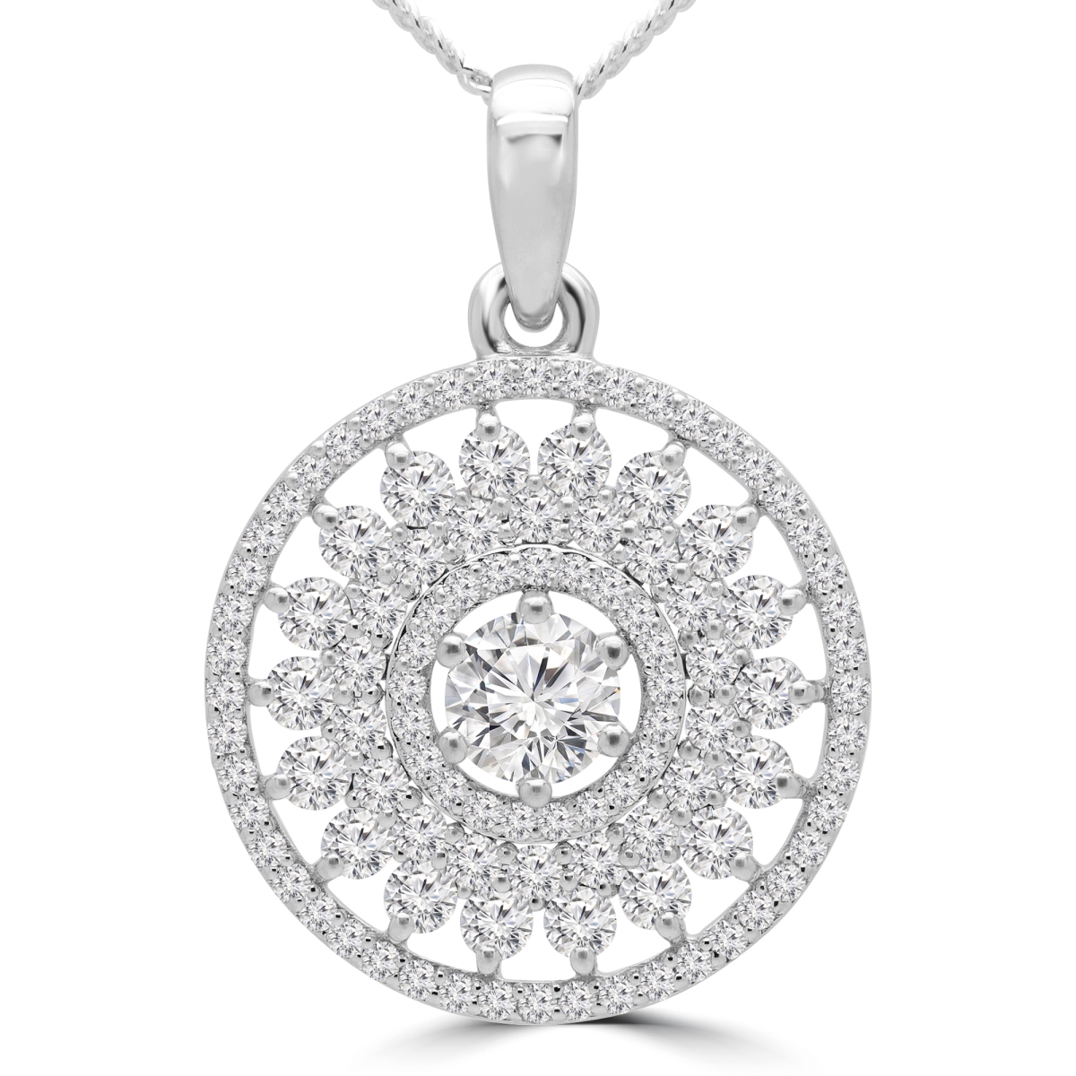 1.16 CTW Round Diamond Halo Pendant Necklace in 14K White Gold