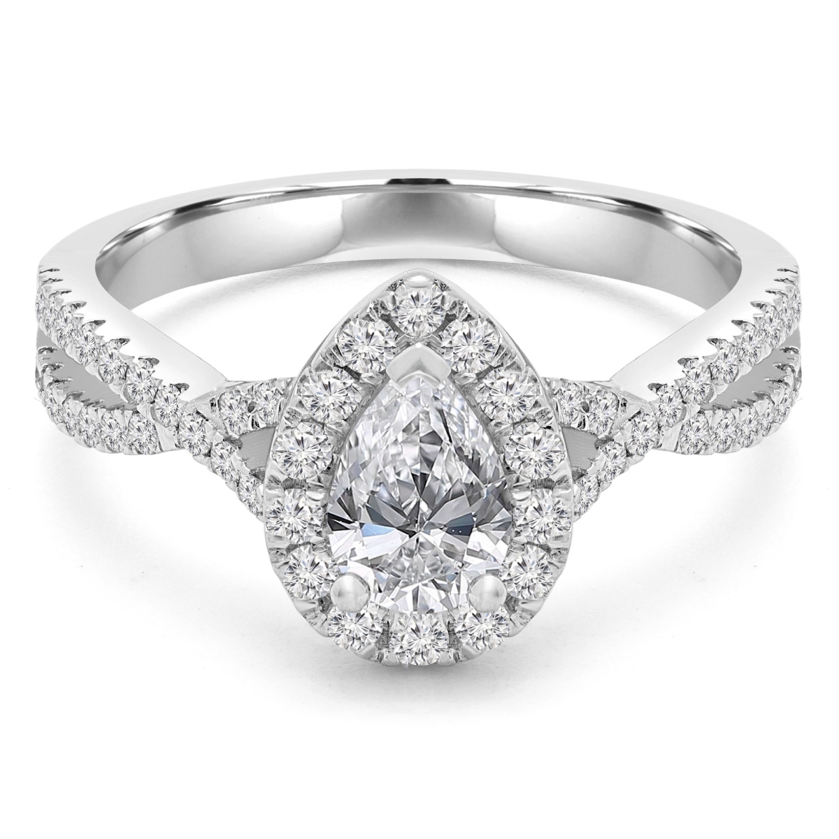 1.4 CTW Pear Diamond 3-Prong Twisted Shank Pear Halo Engagement Ring in 14K White Gold - Size 9