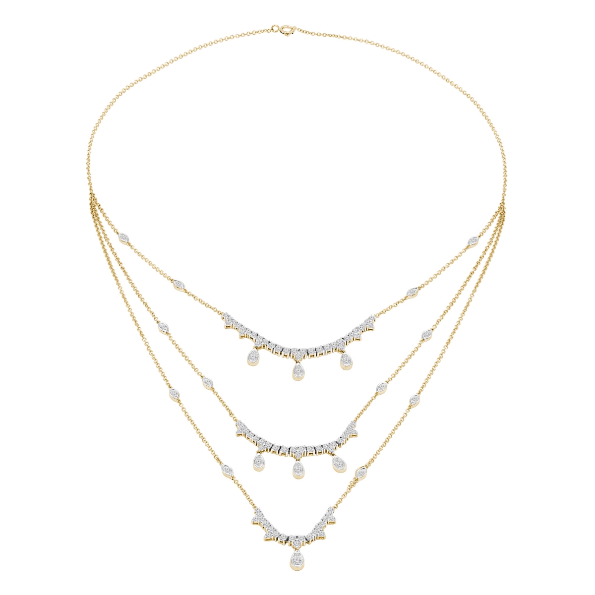 2.5 CTW Round Diamond Three-Row Necklace in 14K Yellow Gold