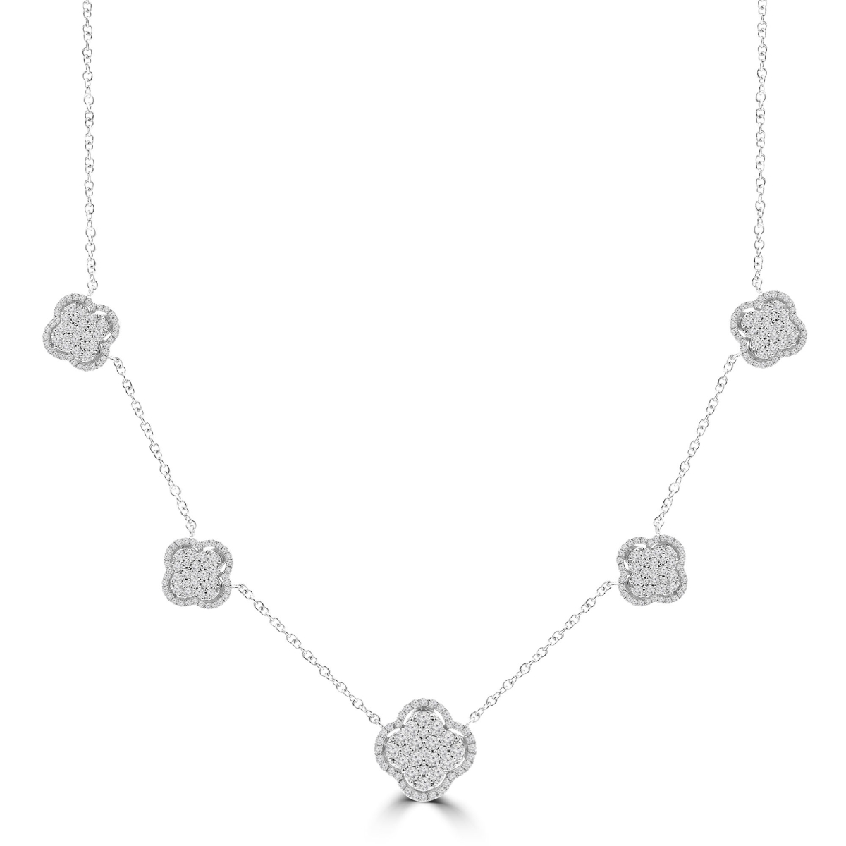 1.63 CTW Round Diamond Clover Cluster Halo Necklace in 18K White Gold