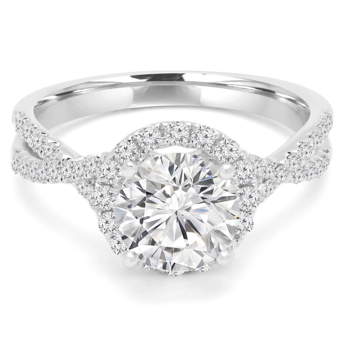 1.14 CTW Round Diamond 4-Prong Twisted Shank Halo Engagement Ring in 14K White Gold - Size 9