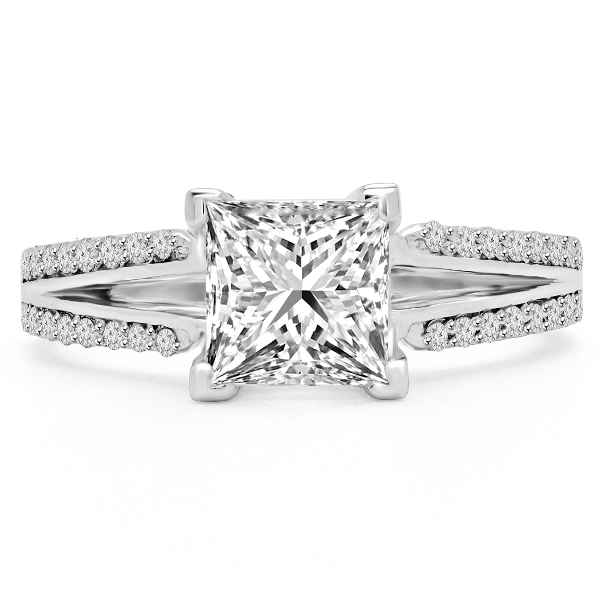 0.63 CTW Princess Diamond Two-Row Split-Shank Solitaire Engagement Ring with Accents in 14K White Gold - Size 4