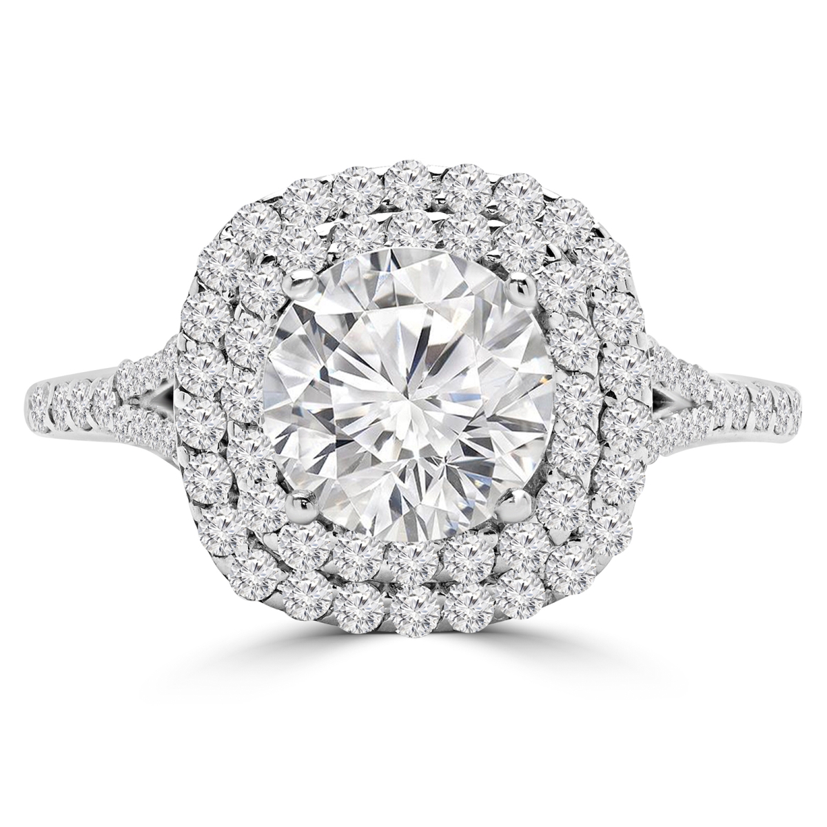 MD210349-7 1.2 CTW Round Diamond Double Cushion Split Shank Cathedral Halo Engagement Ring with Accents in 14K White Gold - Size 7