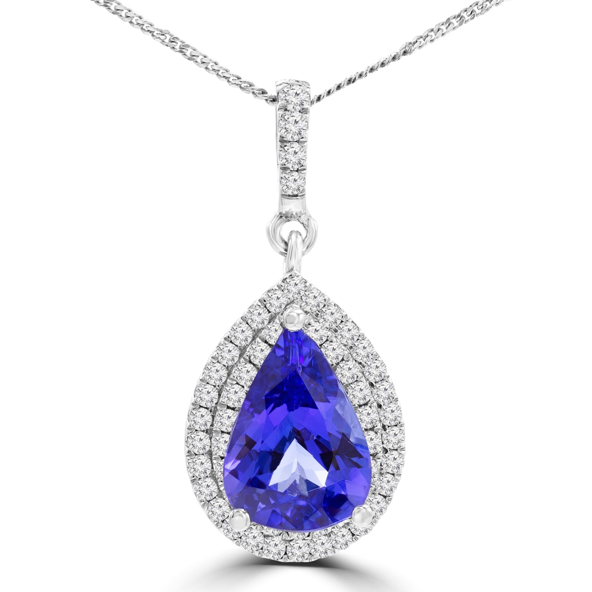 4.25 CTW Pear Blue Tanzanite Double Pear Halo Pendant Necklace in 14K White Gold