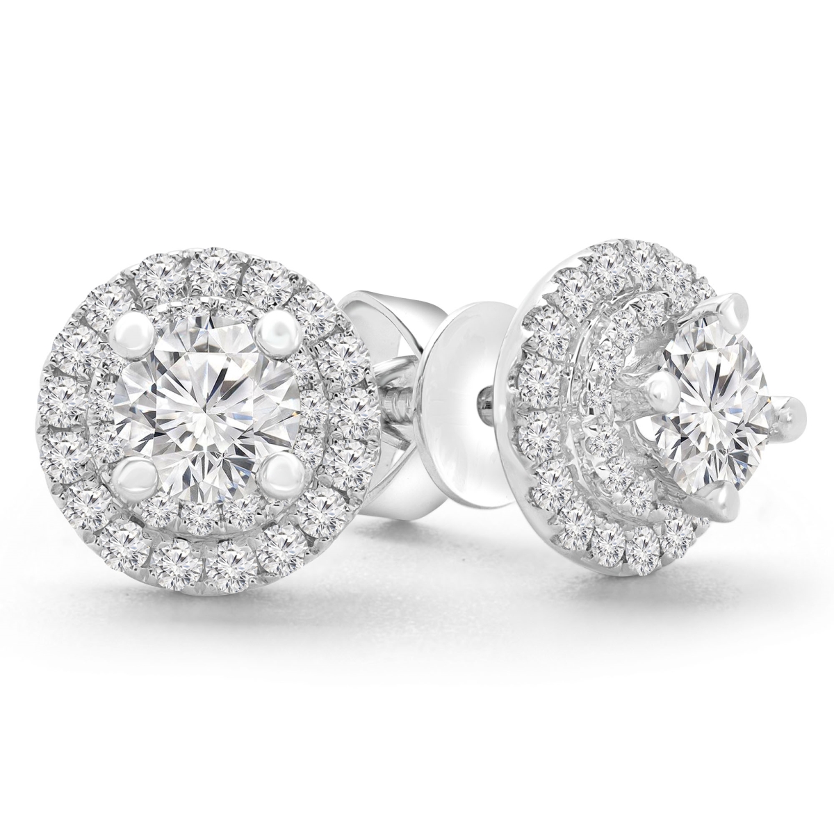 1.4 CTW Round Diamond Double Halo Stud Earrings in 18K White Gold