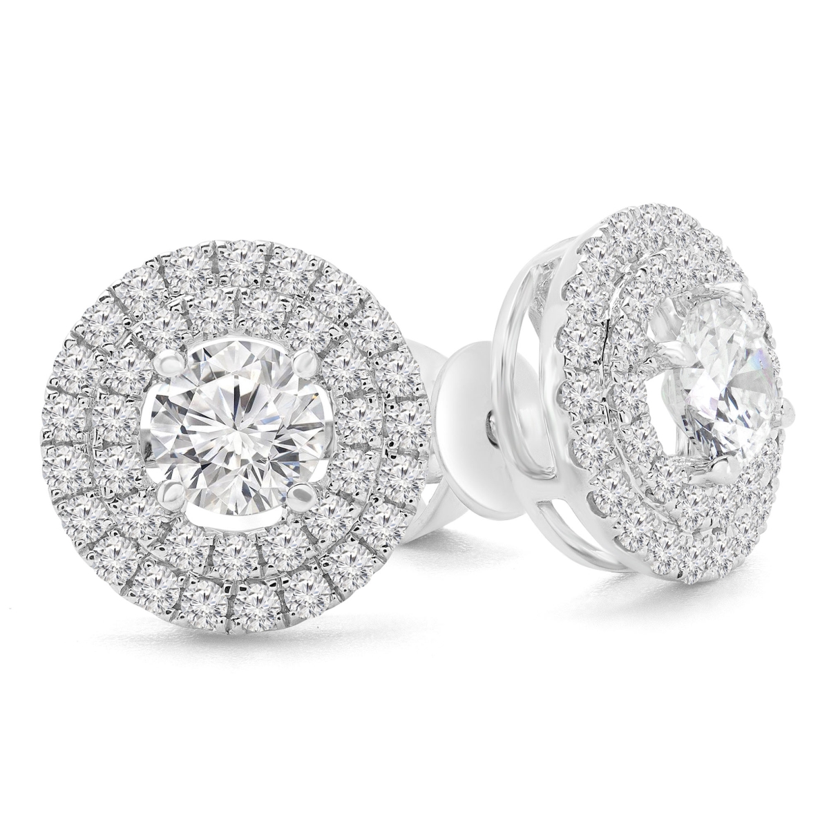 1.4 CTW Round Diamond Double Halo Stud Earrings in 18K White Gold