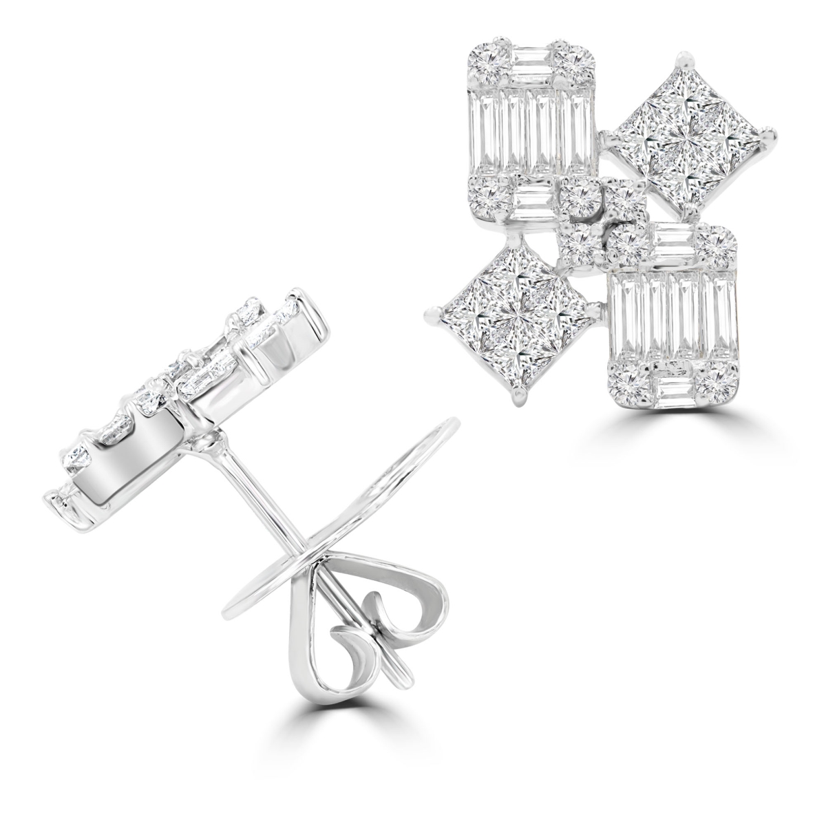1.88 CTW Baguette Diamond Floral Stud Earrings in 18K White Gold