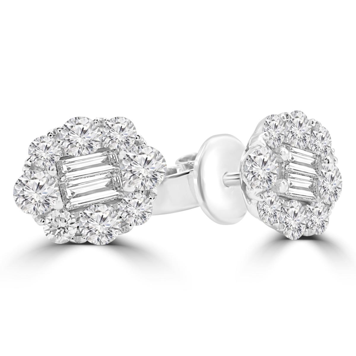 0.9 CTW Baguette Diamond Oval Halo Stud Earrings in 18K White Gold