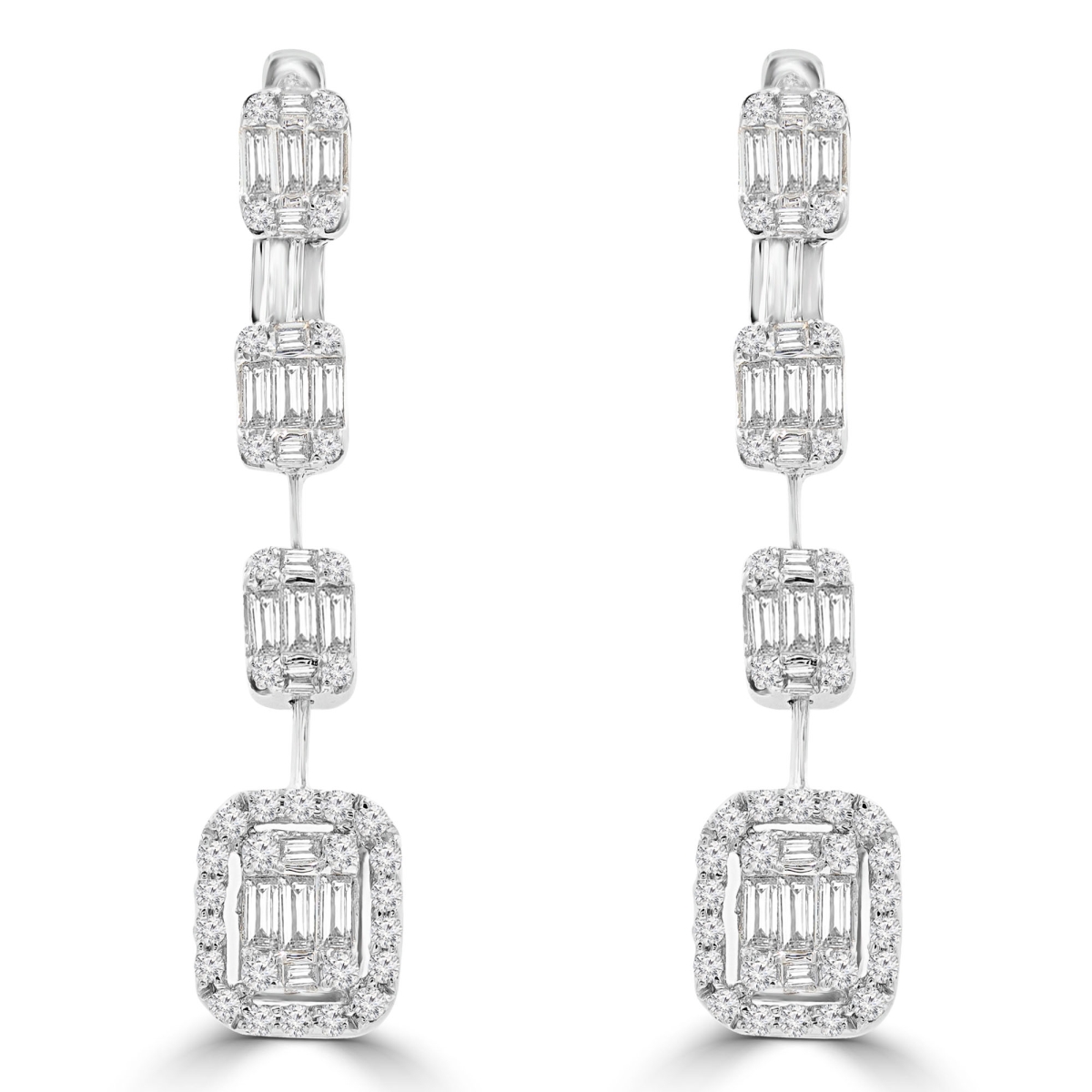 MD210084 0.88 CTW Baguette Diamond Cushion Halo Drop & Dangle Earrings in 18K White Gold