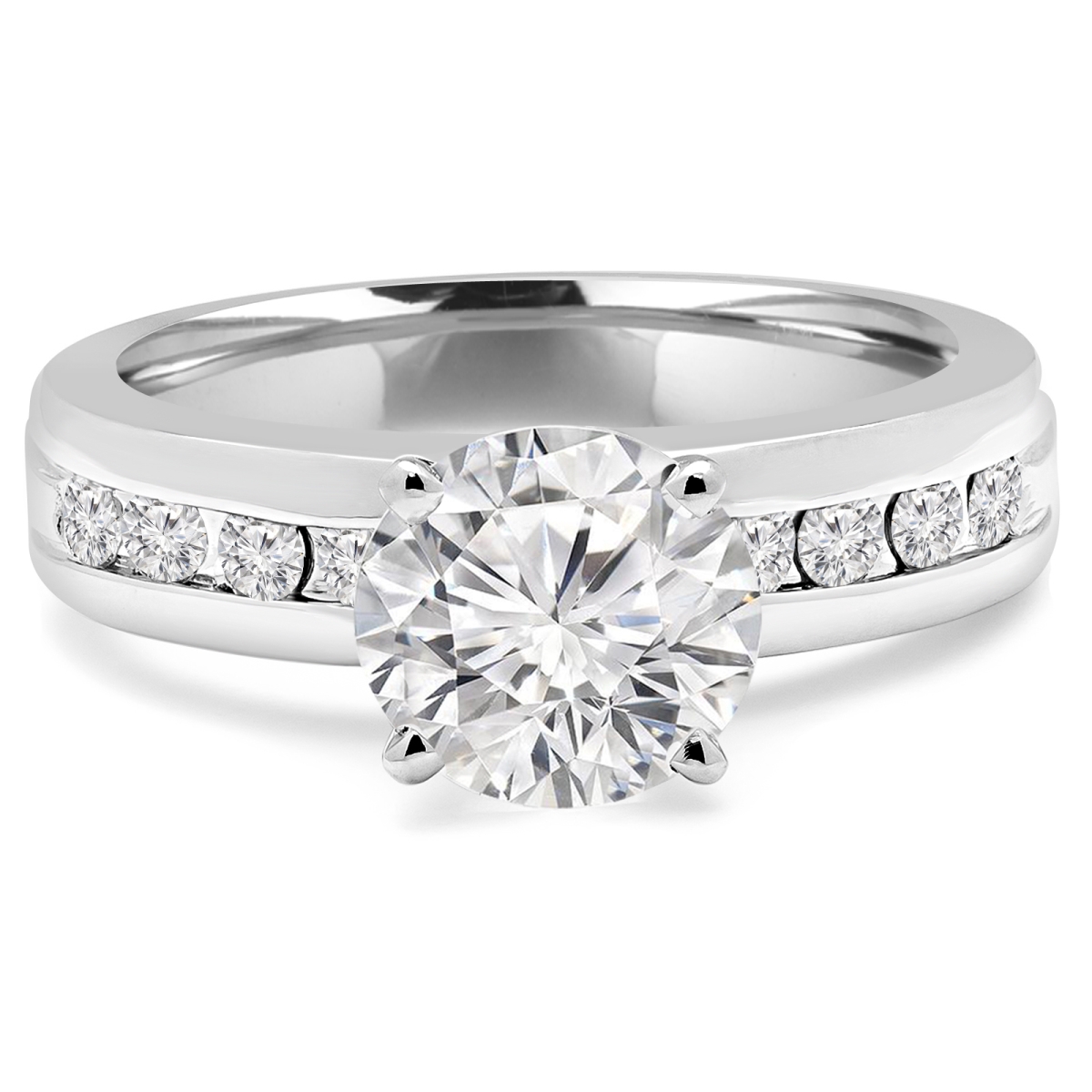 1.4 CTW Round Diamond Solitaire Engagement Ring with Channel Set Accents in 14K White Gold - Size 4 -  Great Gems, GR3071405